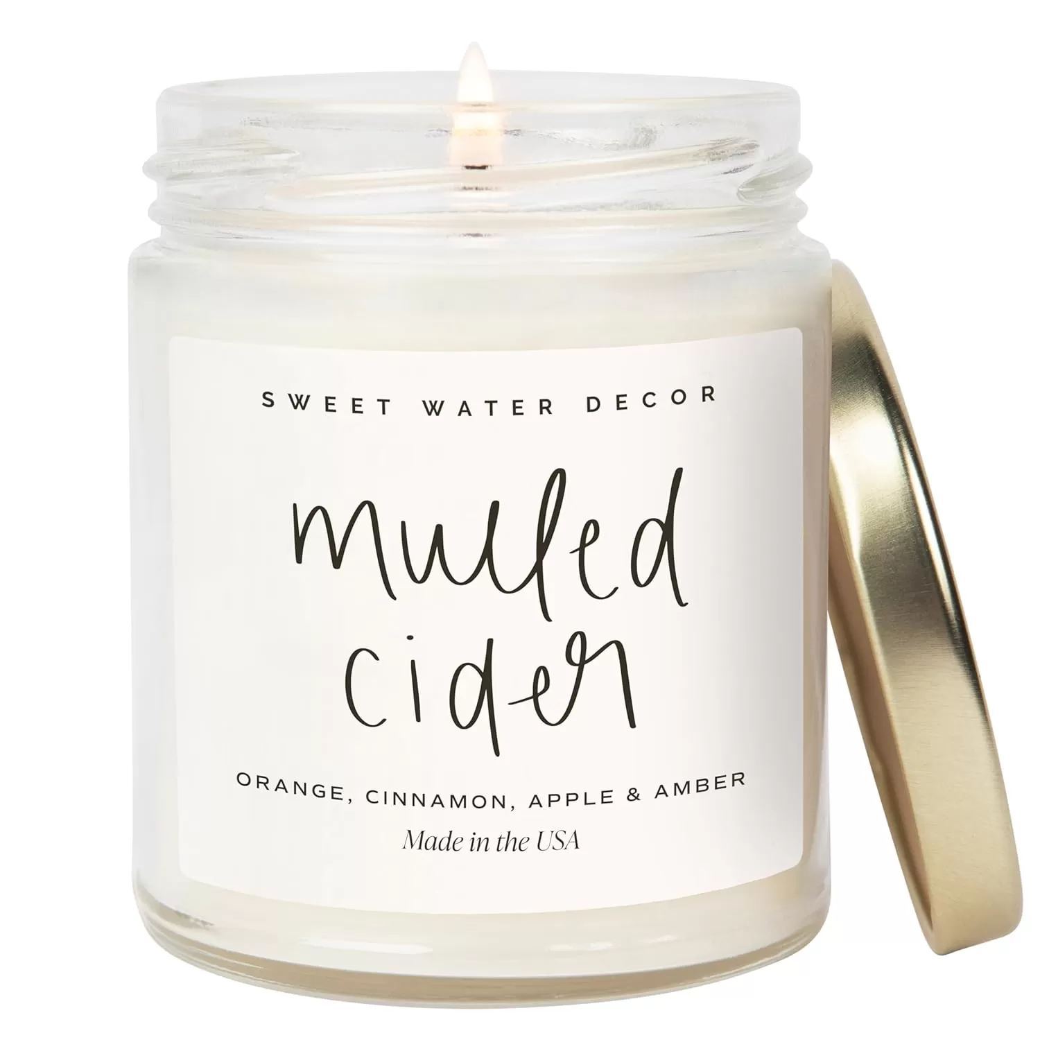 imageSweet Water Decor Spa Day Soy Candle  Sea Salt Jasmine Wood and Cream Scented Candles for Home  9oz Clear Jar  Gold Lid 40 Hour Burn Time Made in the USAMulled Cider