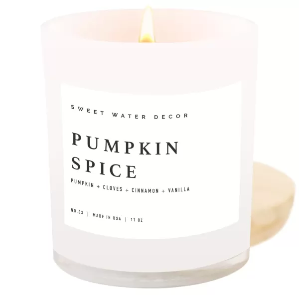 imageSweet Water Decor Farmhouse Candle  Autumn Cinnamon and Nutmeg Fall Scented Soy Candles for Home  11oz White Glass  Wood Lid 50 Hour Burn Time Made in the USAWhite