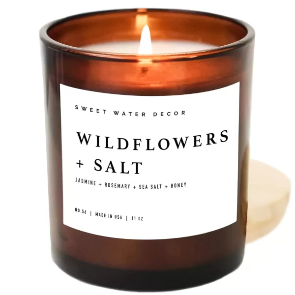 imageSweet Water Decor Farmhouse Candle  Autumn Cinnamon and Nutmeg Fall Scented Soy Candles for Home  11oz White Glass  Wood Lid 50 Hour Burn Time Made in the USAAmber
