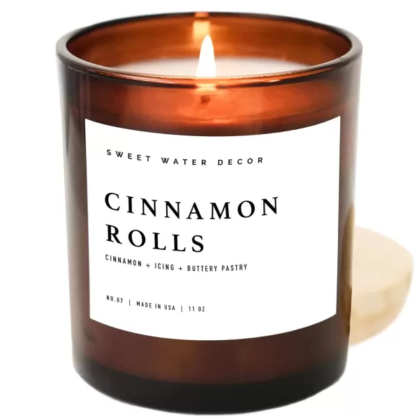 imageSweet Water Decor Farmhouse Candle  Autumn Cinnamon and Nutmeg Fall Scented Soy Candles for Home  11oz White Glass  Wood Lid 50 Hour Burn Time Made in the USAAmber