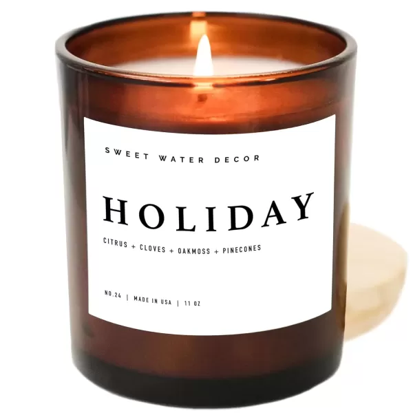 imageSweet Water Decor Farmhouse Candle  Autumn Cinnamon and Nutmeg Fall Scented Soy Candles for Home  11oz White Glass  Wood Lid 50 Hour Burn Time Made in the USAAmber
