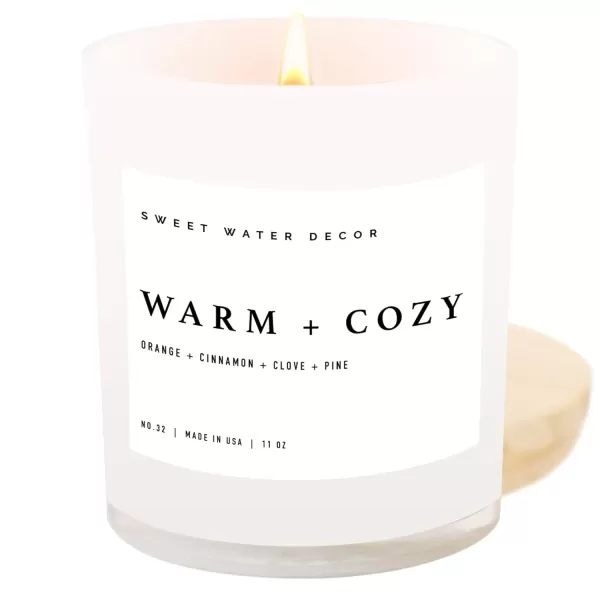 imageSweet Water Decor Farmhouse Candle  Autumn Cinnamon and Nutmeg Fall Scented Soy Candles for Home  11oz White Glass  Wood Lid 50 Hour Burn Time Made in the USAWhite