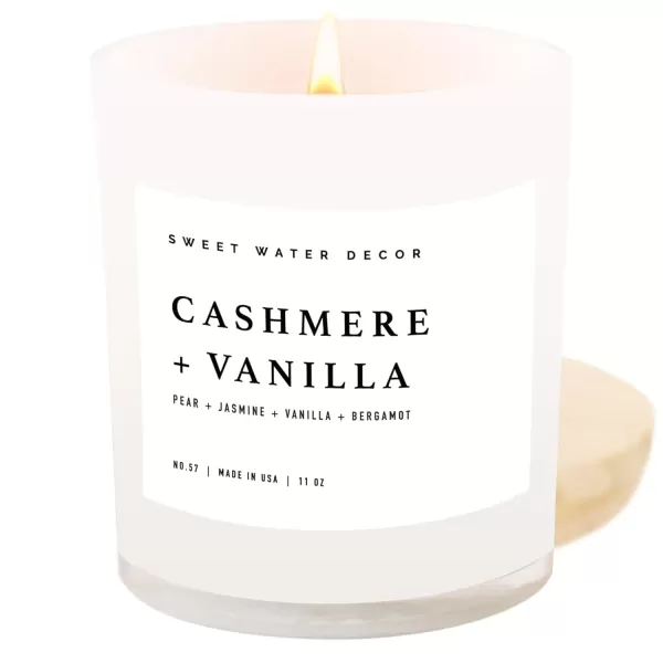 imageSweet Water Decor Farmhouse Candle  Autumn Cinnamon and Nutmeg Fall Scented Soy Candles for Home  11oz White Glass  Wood Lid 50 Hour Burn Time Made in the USAWhite
