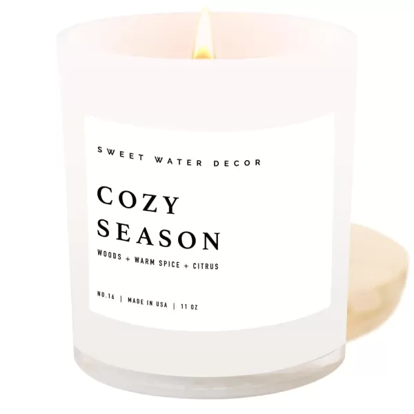 imageSweet Water Decor Farmhouse Candle  Autumn Cinnamon and Nutmeg Fall Scented Soy Candles for Home  11oz White Glass  Wood Lid 50 Hour Burn Time Made in the USAWhite