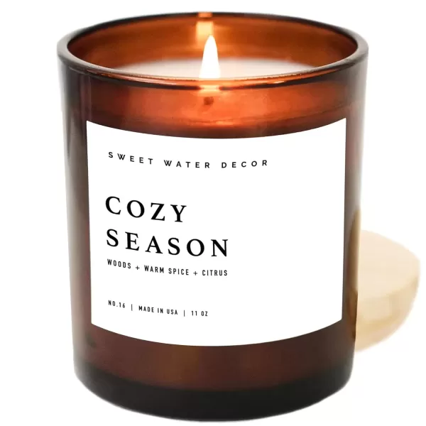imageSweet Water Decor Farmhouse Candle  Autumn Cinnamon and Nutmeg Fall Scented Soy Candles for Home  11oz White Glass  Wood Lid 50 Hour Burn Time Made in the USAAmber
