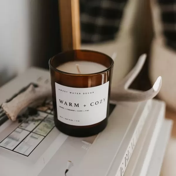 imageSweet Water Decor Farmhouse Candle  Autumn Cinnamon and Nutmeg Fall Scented Soy Candles for Home  11oz White Glass  Wood Lid 50 Hour Burn Time Made in the USAAmber