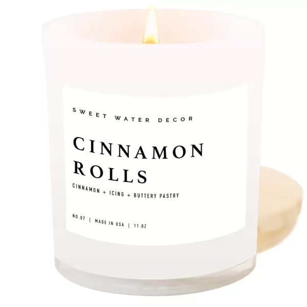 imageSweet Water Decor Farmhouse Candle  Autumn Cinnamon and Nutmeg Fall Scented Soy Candles for Home  11oz White Glass  Wood Lid 50 Hour Burn Time Made in the USAWhite