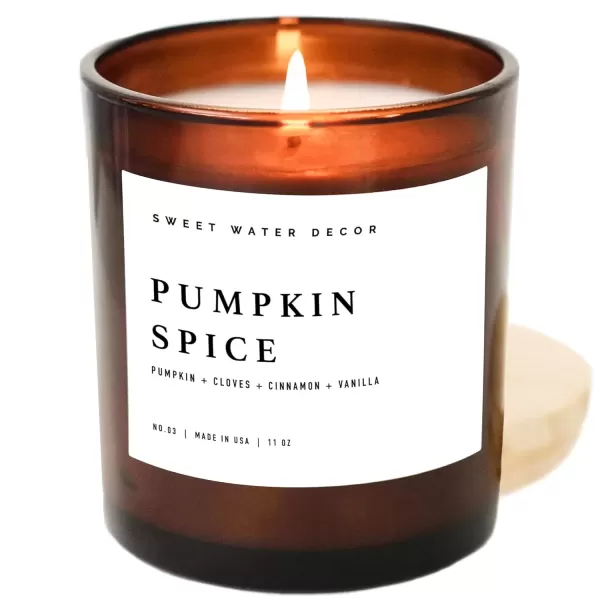 imageSweet Water Decor Farmhouse Candle  Autumn Cinnamon and Nutmeg Fall Scented Soy Candles for Home  11oz White Glass  Wood Lid 50 Hour Burn Time Made in the USAAmber