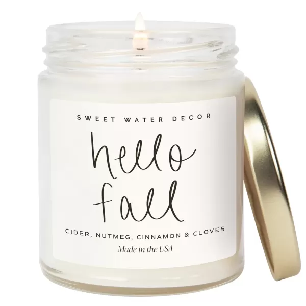imageSweet Water Decor Leaves Candle  Autumn Cinnamon Apple Fall Scented Soy Candles for Home  9oz Clear Jar 40 Hour Burn Time Made in the USAHello Fall