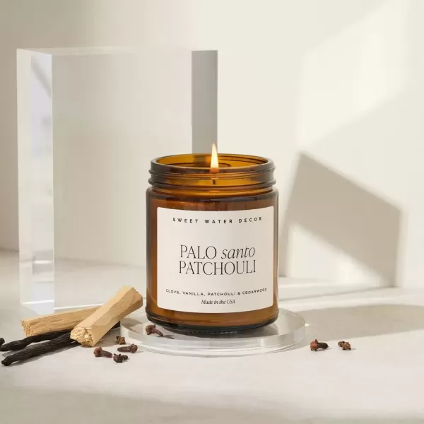 imageSweet Water Decor Palo Santo Patchouli Candle  Vanilla Musk Sandalwood Patchouli Scented Soy Candles for Home  Gifts for Women Men Housewarming  9oz Amber Jar 40 Hour Burn TimePalo Santo Patchouli