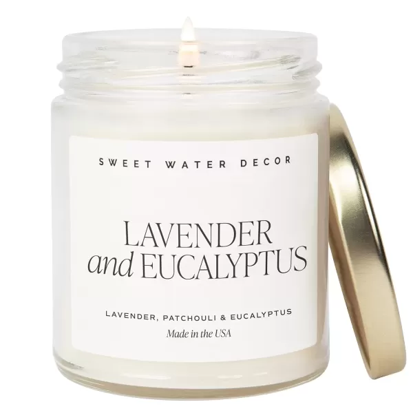 imageSweet Water Decor Spa Day Soy Candle  Sea Salt Jasmine Wood and Cream Scented Candles for Home  9oz Clear Jar  Gold Lid 40 Hour Burn Time Made in the USALavender and Eucalyptus
