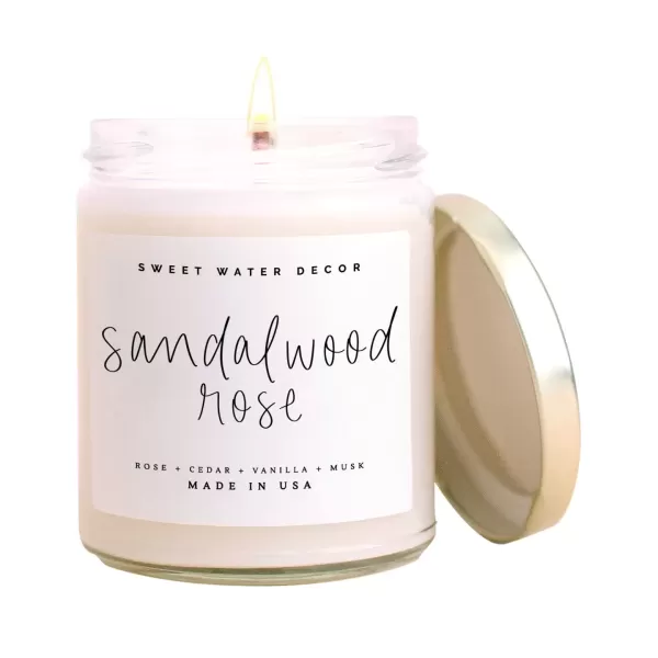 imageSweet Water Decor Spa Day Soy Candle  Sea Salt Jasmine Wood and Cream Scented Candles for Home  9oz Clear Jar  Gold Lid 40 Hour Burn Time Made in the USASandalwood Rose