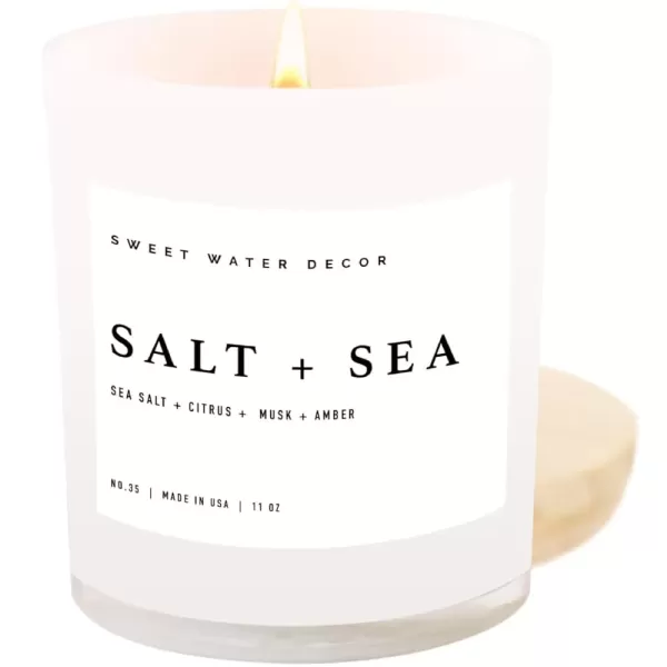 imageSweet Water Decor Salt and Sea Candle  Sea Salt Citrus Amber Musk Beach Scented Soy Candles for Home  11oz White Glass Jar  Wood Lid 50 Hour Burn Time Made in the USAWhite