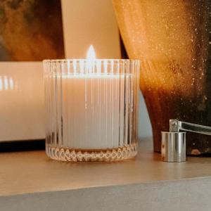 imageSweet Water Decor Hello Fall Candle  Candle Fall Scents with Cider Cinnamon Cloves and Nutmeg for Home  Fall Soy Candles with 60 Hours Burn Time  11Oz Clear Fluted Ribbed Jar Soy Fall CandleCashmere and Vanilla