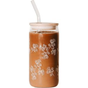 imageSweet Water Decor Pink Checkered Can Glass  17oz Drinking Glass Tumbler with Straw and Bamboo Lid  Iced Coffee and Smoothie Cups for Kitchen and TravelWhite Floral