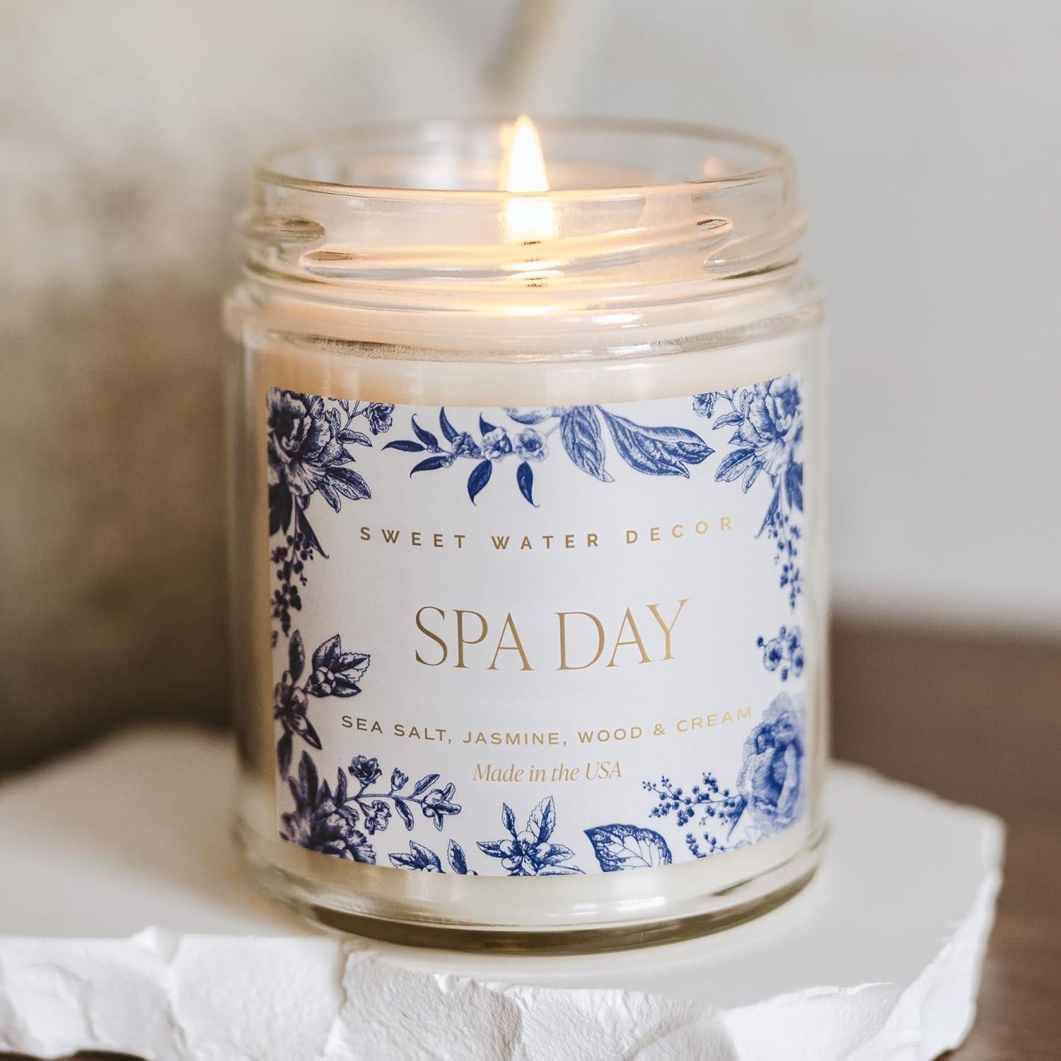 imageSweet Water Decor Spa Day Patterned Candle  Soy Candles with Sea Salt Jasmine Wood Cream Aroma 40 Hour Burn  9oz Clear Glass Jar  Ideal for Valentines Presents or Any Special OccasionSpa Day Patterned Candle