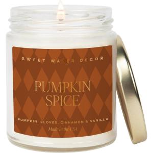 imageSweet Water Decor Spa Day Patterned Candle  Soy Candles with Sea Salt Jasmine Wood Cream Aroma 40 Hour Burn  9oz Clear Glass Jar  Ideal for Valentines Presents or Any Special OccasionPumpkin Spice