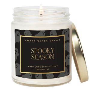 imageSweet Water Decor Trick or Treat Candle Autumn Scented Notes of Pumpkin Spices ampamp Caramel 40 Hour Burn Time NonToxic Soy Wax Blend Poured in the USA Cotton Wick 9oz Glass Jar with Gold LidSpooky Season