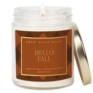imageSweet Water Decor Trick or Treat Candle Autumn Scented Notes of Pumpkin Spices ampamp Caramel 40 Hour Burn Time NonToxic Soy Wax Blend Poured in the USA Cotton Wick 9oz Glass Jar with Gold LidHello Fall