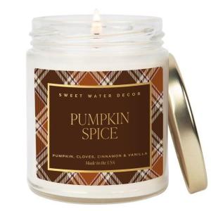 imageSweet Water Decor Trick or Treat Candle Autumn Scented Notes of Pumpkin Spices ampamp Caramel 40 Hour Burn Time NonToxic Soy Wax Blend Poured in the USA Cotton Wick 9oz Glass Jar with Gold LidPumpkin Spice