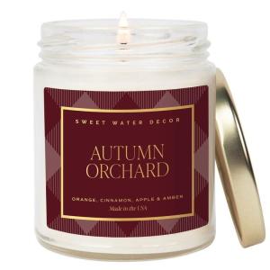 imageSweet Water Decor Trick or Treat Candle Autumn Scented Notes of Pumpkin Spices ampamp Caramel 40 Hour Burn Time NonToxic Soy Wax Blend Poured in the USA Cotton Wick 9oz Glass Jar with Gold LidAutumn Orchard