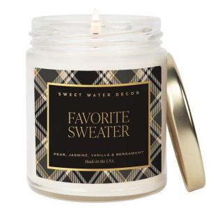 imageSweet Water Decor Trick or Treat Candle Autumn Scented Notes of Pumpkin Spices ampamp Caramel 40 Hour Burn Time NonToxic Soy Wax Blend Poured in the USA Cotton Wick 9oz Glass Jar with Gold LidFavorite Sweater