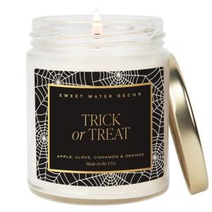 imageSweet Water Decor Trick or Treat Candle Autumn Scented Notes of Pumpkin Spices ampamp Caramel 40 Hour Burn Time NonToxic Soy Wax Blend Poured in the USA Cotton Wick 9oz Glass Jar with Gold LidTrick or Treat