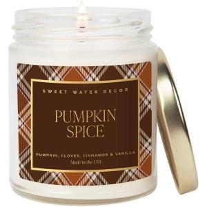 imageSweet Water Decor Christmas Tree Candle  Spruce Pine Needles and Evergreen Candles Scented Soy Candles for Home  Christmas Candle 9oz Clear Jar 40 Hour Burn Time Made in The USAPumpkin Spice  Pattern Label