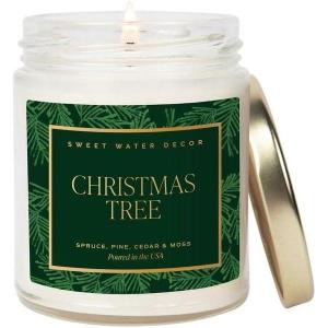 imageSweet Water Decor Christmas Tree Candle  Spruce Pine Needles and Evergreen Candles Scented Soy Candles for Home  Christmas Candle 9oz Clear Jar 40 Hour Burn Time Made in The USAChristmas Tree  Green Label