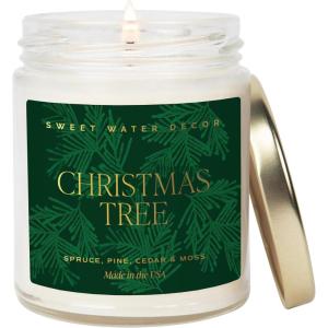 imageSweet Water Decor Christmas Tree Candle  Spruce Pine Needles and Evergreen Candles Scented Soy Candles for Home  Christmas Candle 9oz Clear Jar 40 Hour Burn Time Made in The USAChristmas Tree