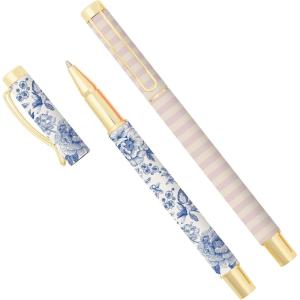 imageSweet Water Decor Mr and Mrs Wedding Pen Set 2 Piece Ballpoint Pens with Gold Accents Black and Grey Delft Design Medium Black Ink Perfect for Guest Book Engagement Bridal Shower Newlywed GiftDelft 2 Set