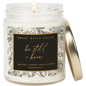image:imageSweet Water Decor Be Still and Know Candle Sea Salt Jasmine Cream and Wood Scented Soy Wax Candle for Home Christian Gift for Women 9oz Clear Jar 40 Hour Burn Time Made in the USABe Still and Know  Black Label