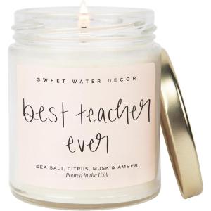 image:imageSweet Water Decor Be Still and Know Candle Sea Salt Jasmine Cream and Wood Scented Soy Wax Candle for Home Christian Gift for Women 9oz Clear Jar 40 Hour Burn Time Made in the USABest Teacher Ever