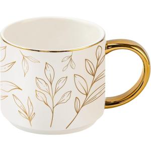 image:imageSweet Water Decor Blue Fan Ceramic Mug with Gold Handle Large 14oz Fine Bone China Tea Cup Cute Coffee Mug Vintage Floral Spring Drinkware Hostess amp Housewarming Gift for Women amp TeachersGold Leaves