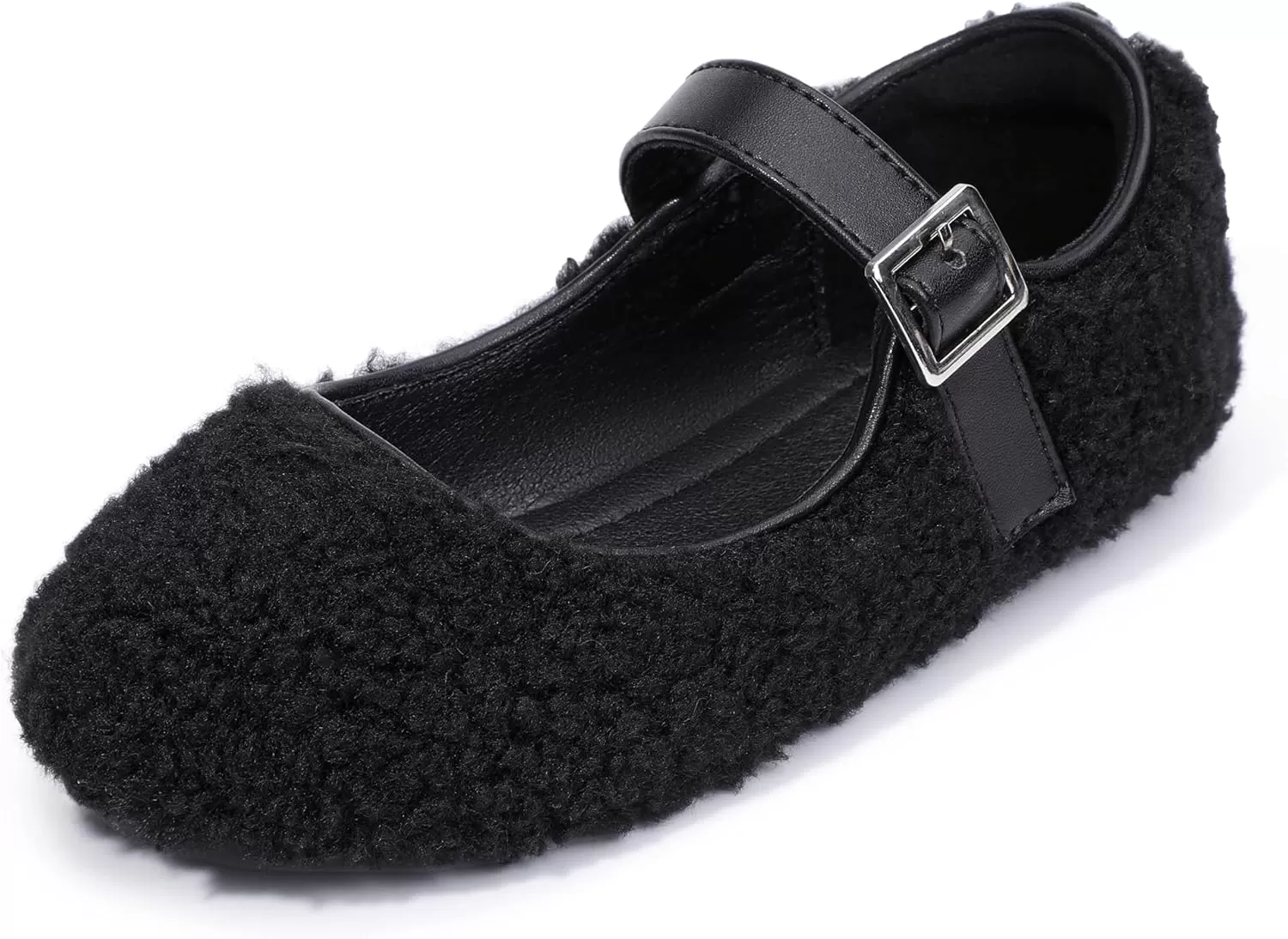 imagePANDANINJIA Girls Dress Shoes Ballet Flats Faux Fur School Wedding Party Toddler Little Big Kid Girls Mary Jane ShoesBlack