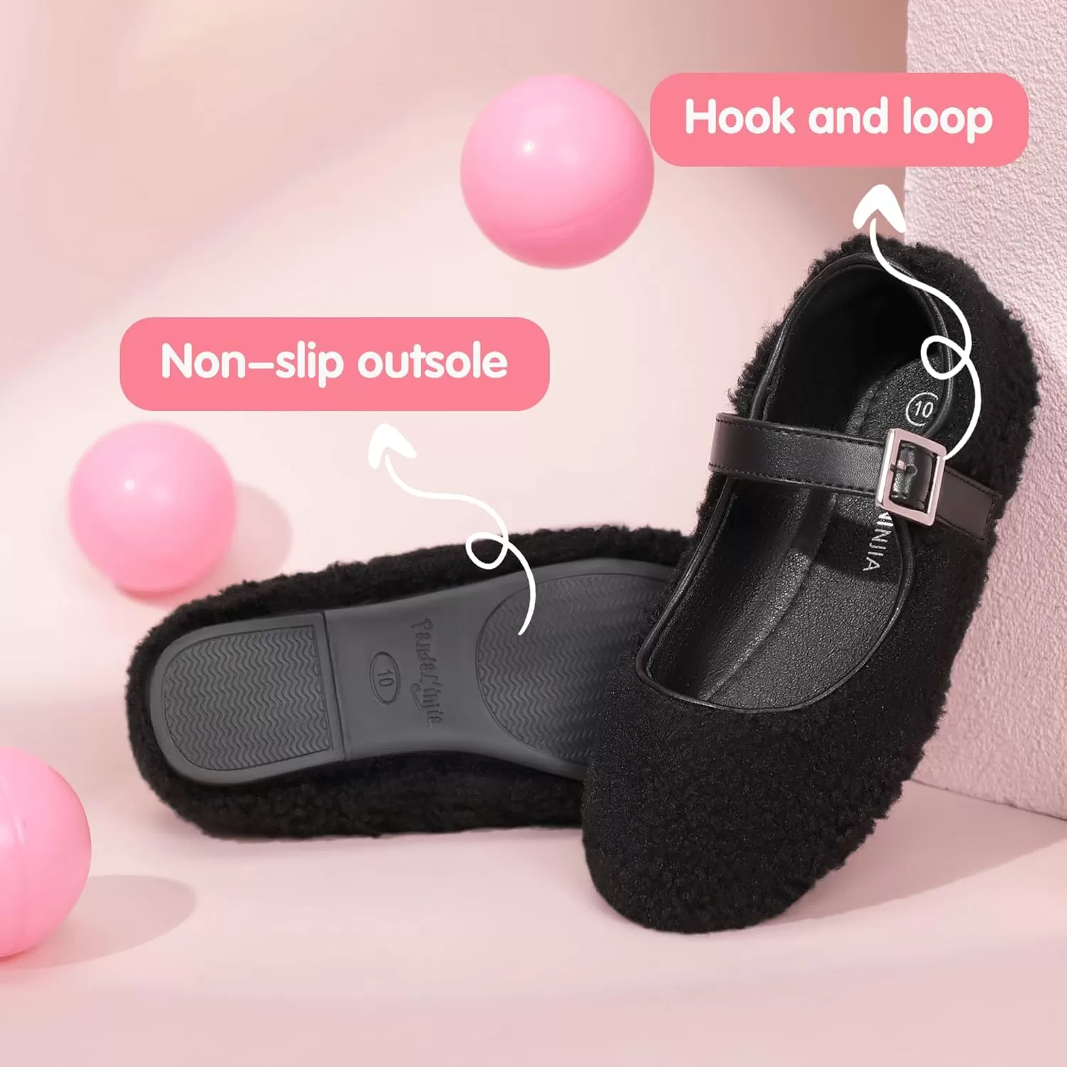 imagePANDANINJIA Girls Dress Shoes Ballet Flats Faux Fur School Wedding Party Toddler Little Big Kid Girls Mary Jane ShoesBlack
