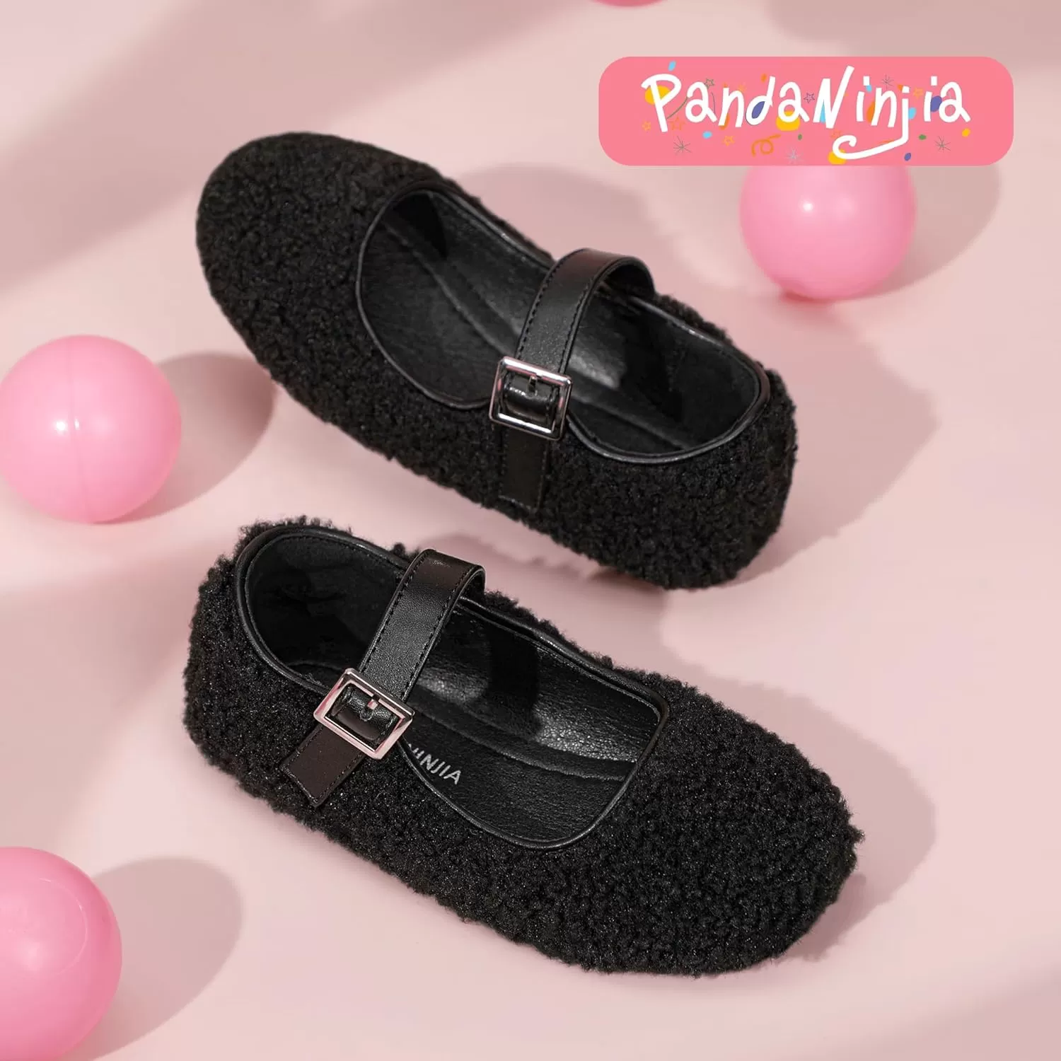 imagePANDANINJIA Girls Dress Shoes Ballet Flats Faux Fur School Wedding Party Toddler Little Big Kid Girls Mary Jane ShoesBlack