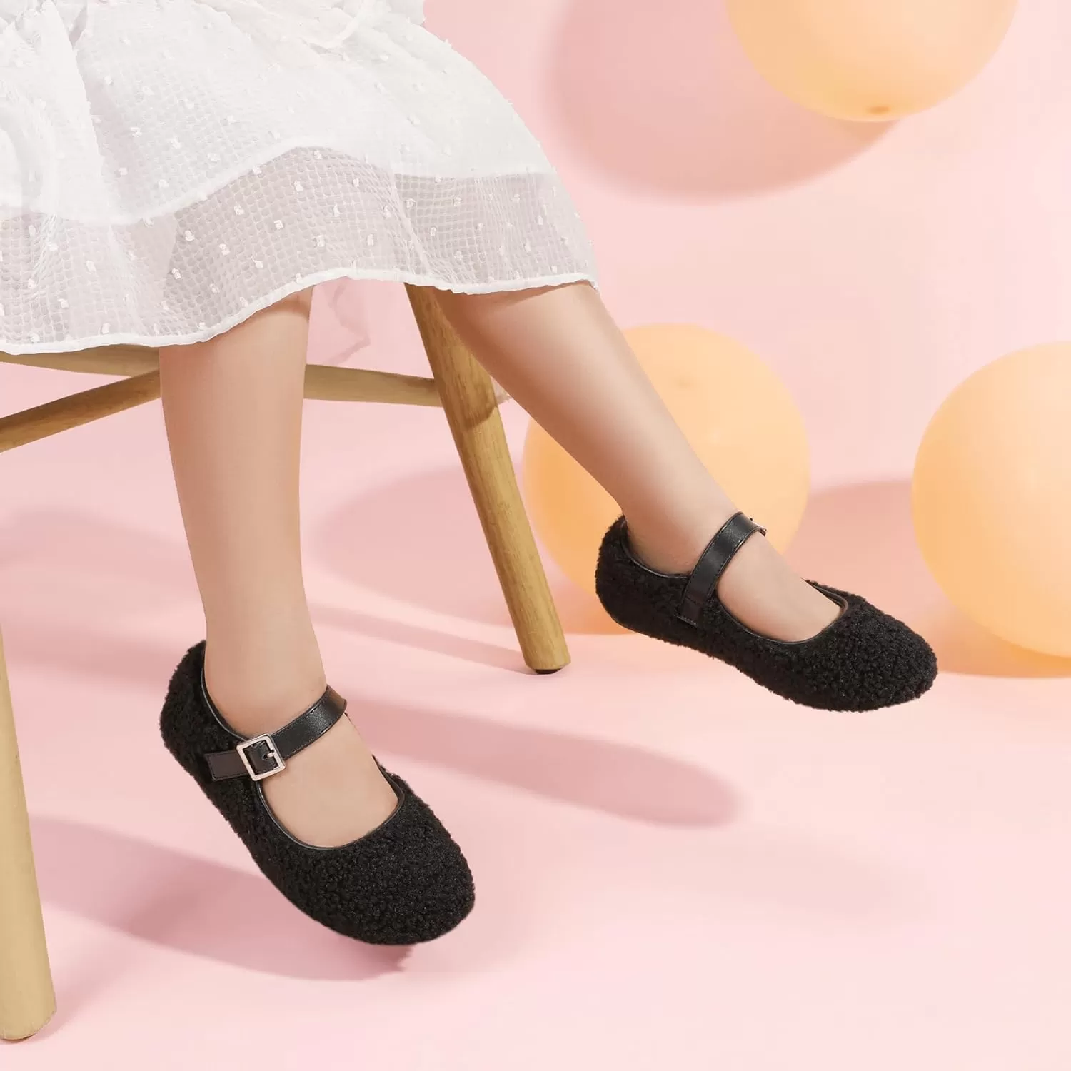imagePANDANINJIA Girls Dress Shoes Ballet Flats Faux Fur School Wedding Party Toddler Little Big Kid Girls Mary Jane ShoesBlack