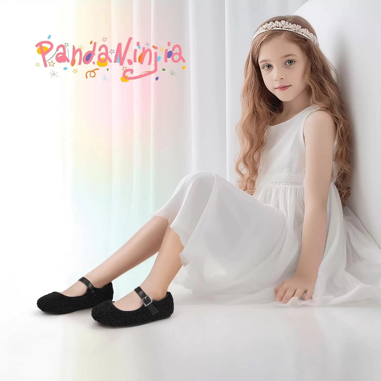 imagePANDANINJIA Girls Dress Shoes Ballet Flats Faux Fur School Wedding Party Toddler Little Big Kid Girls Mary Jane ShoesBlack