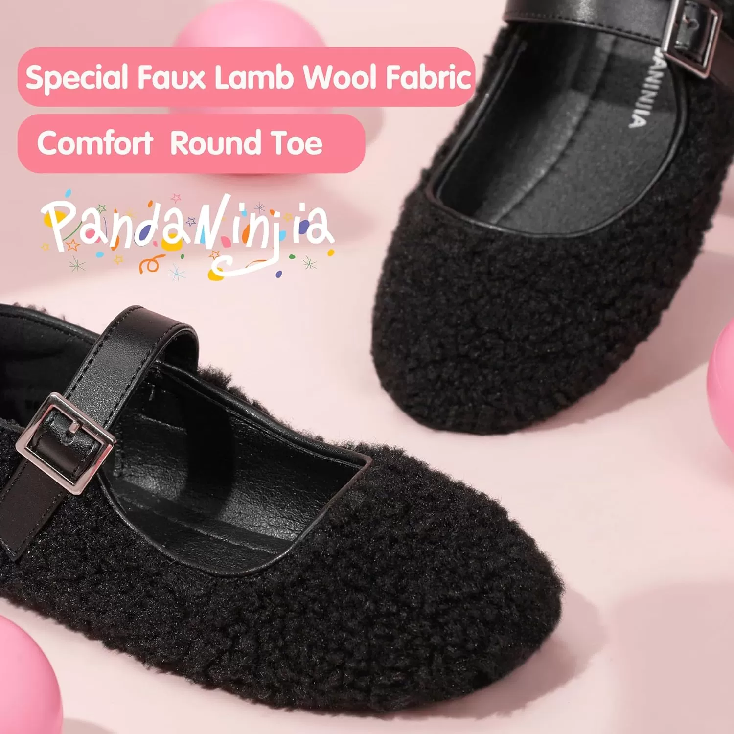 imagePANDANINJIA Girls Dress Shoes Ballet Flats Faux Fur School Wedding Party Toddler Little Big Kid Girls Mary Jane ShoesBlack