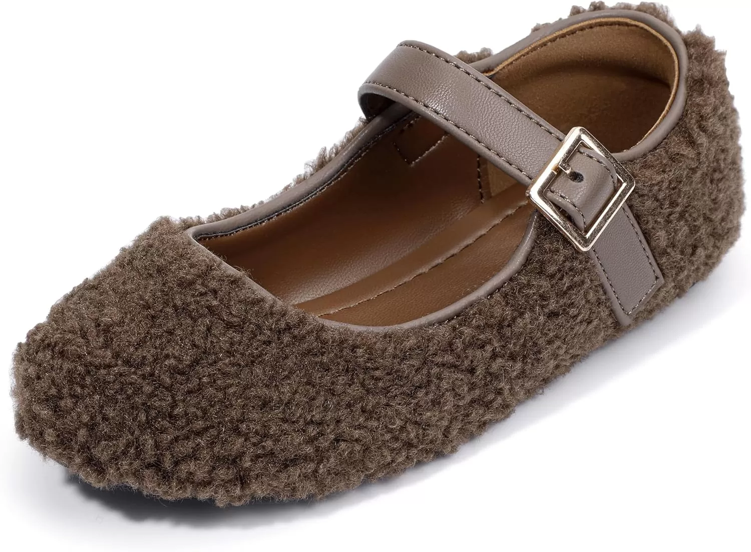 imagePANDANINJIA Girls Dress Shoes Ballet Flats Faux Fur School Wedding Party Toddler Little Big Kid Girls Mary Jane ShoesBrown