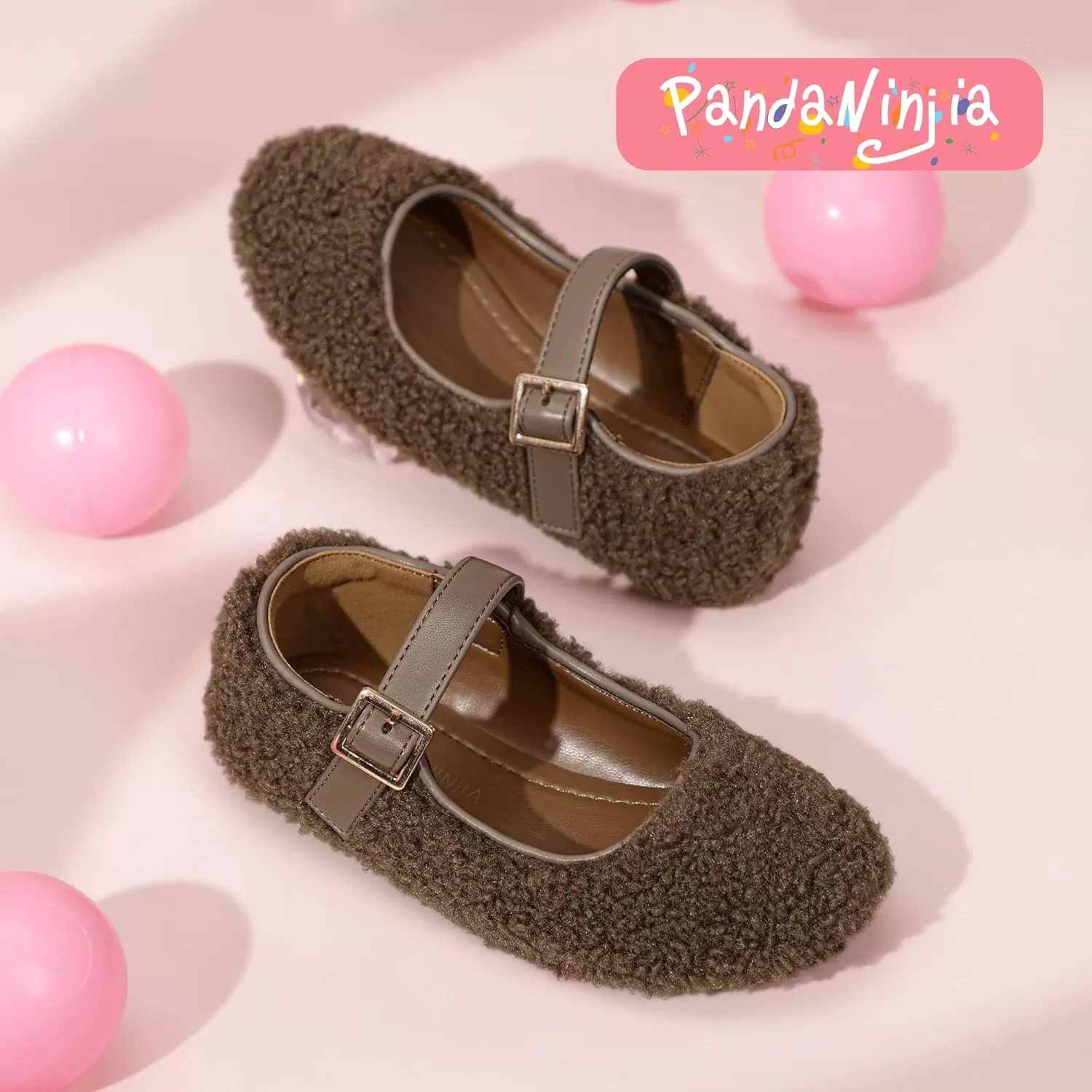imagePANDANINJIA Girls Dress Shoes Ballet Flats Faux Fur School Wedding Party Toddler Little Big Kid Girls Mary Jane ShoesBrown