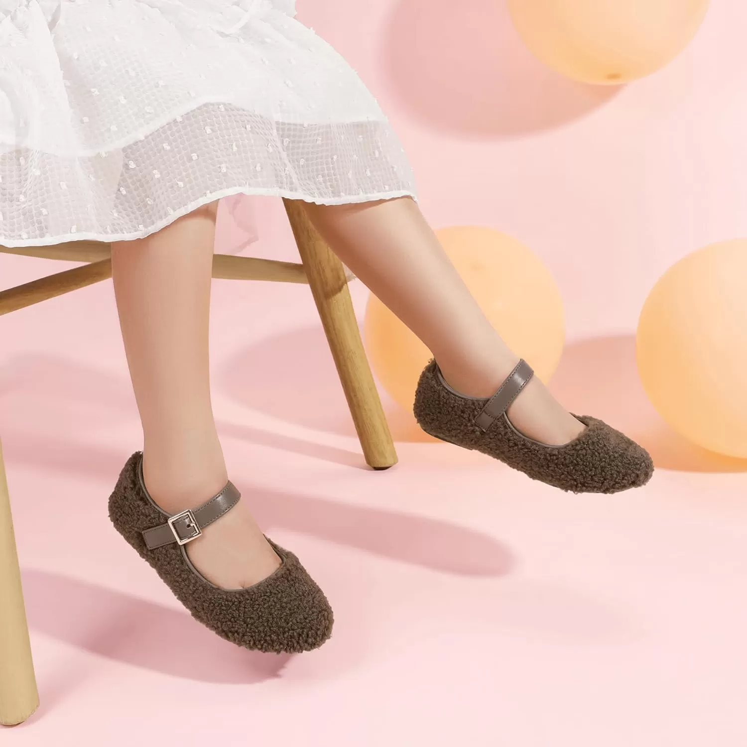 imagePANDANINJIA Girls Dress Shoes Ballet Flats Faux Fur School Wedding Party Toddler Little Big Kid Girls Mary Jane ShoesBrown