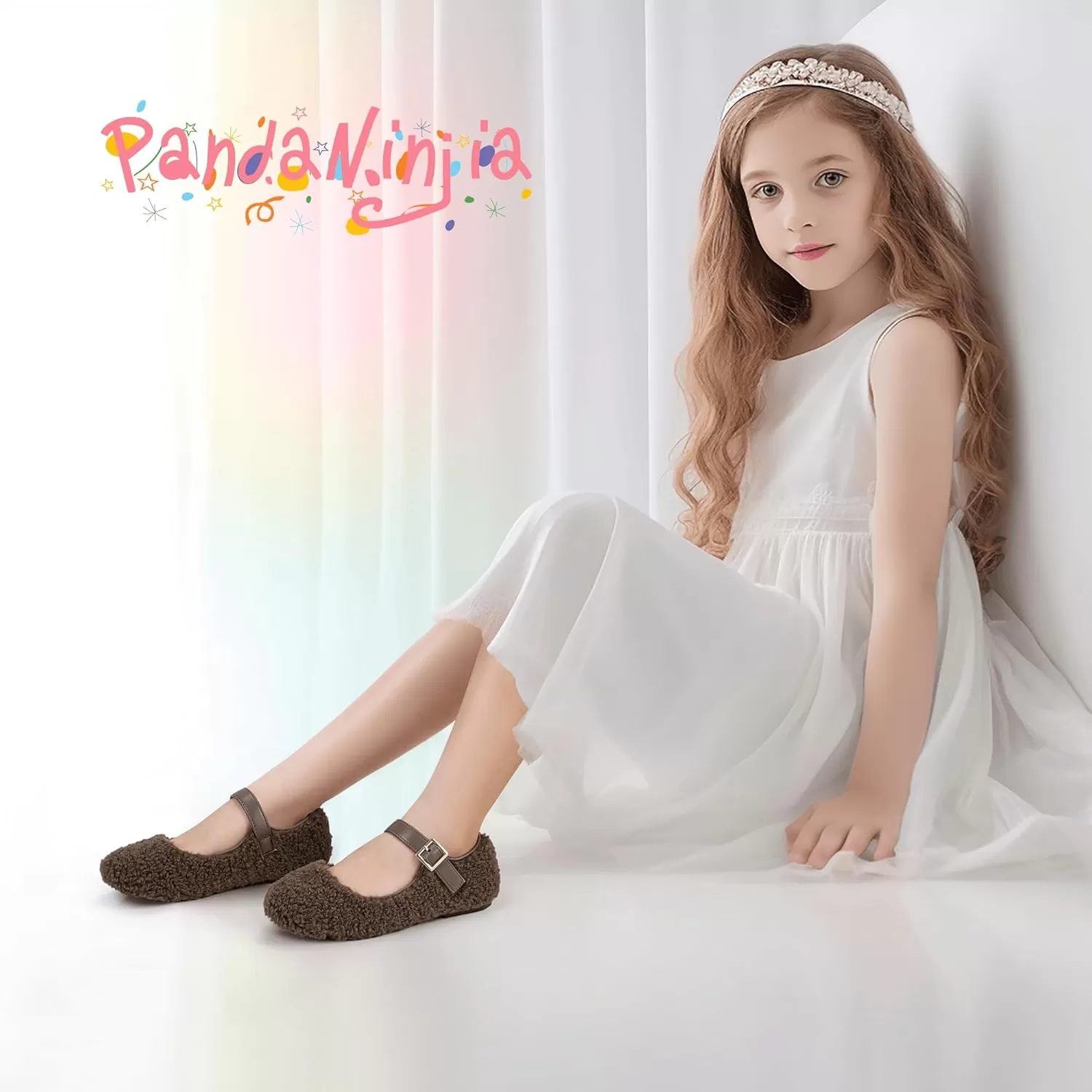 imagePANDANINJIA Girls Dress Shoes Ballet Flats Faux Fur School Wedding Party Toddler Little Big Kid Girls Mary Jane ShoesBrown