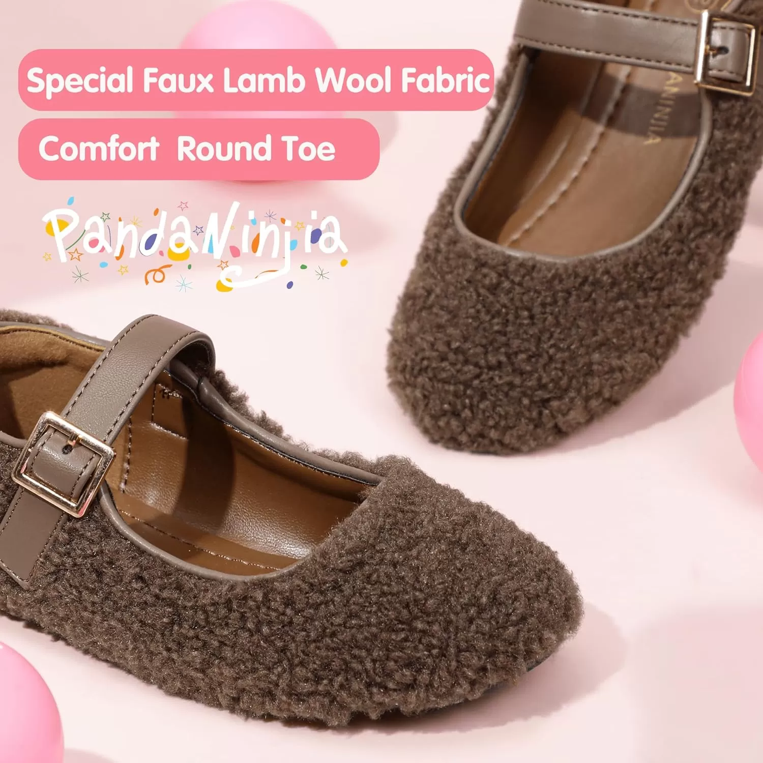 imagePANDANINJIA Girls Dress Shoes Ballet Flats Faux Fur School Wedding Party Toddler Little Big Kid Girls Mary Jane ShoesBrown