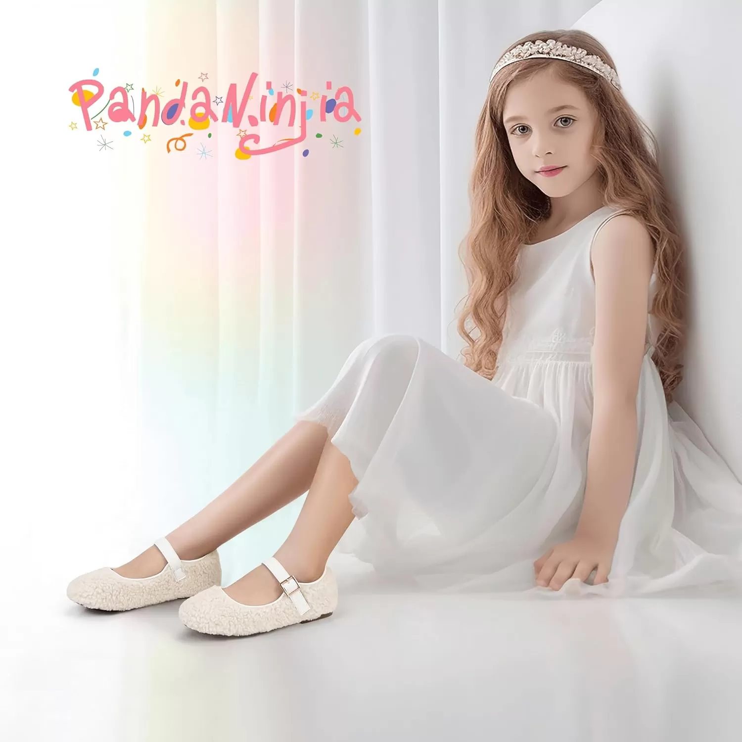 imagePANDANINJIA Girls Dress Shoes Ballet Flats Faux Fur School Wedding Party Toddler Little Big Kid Girls Mary Jane ShoesCreamwhite