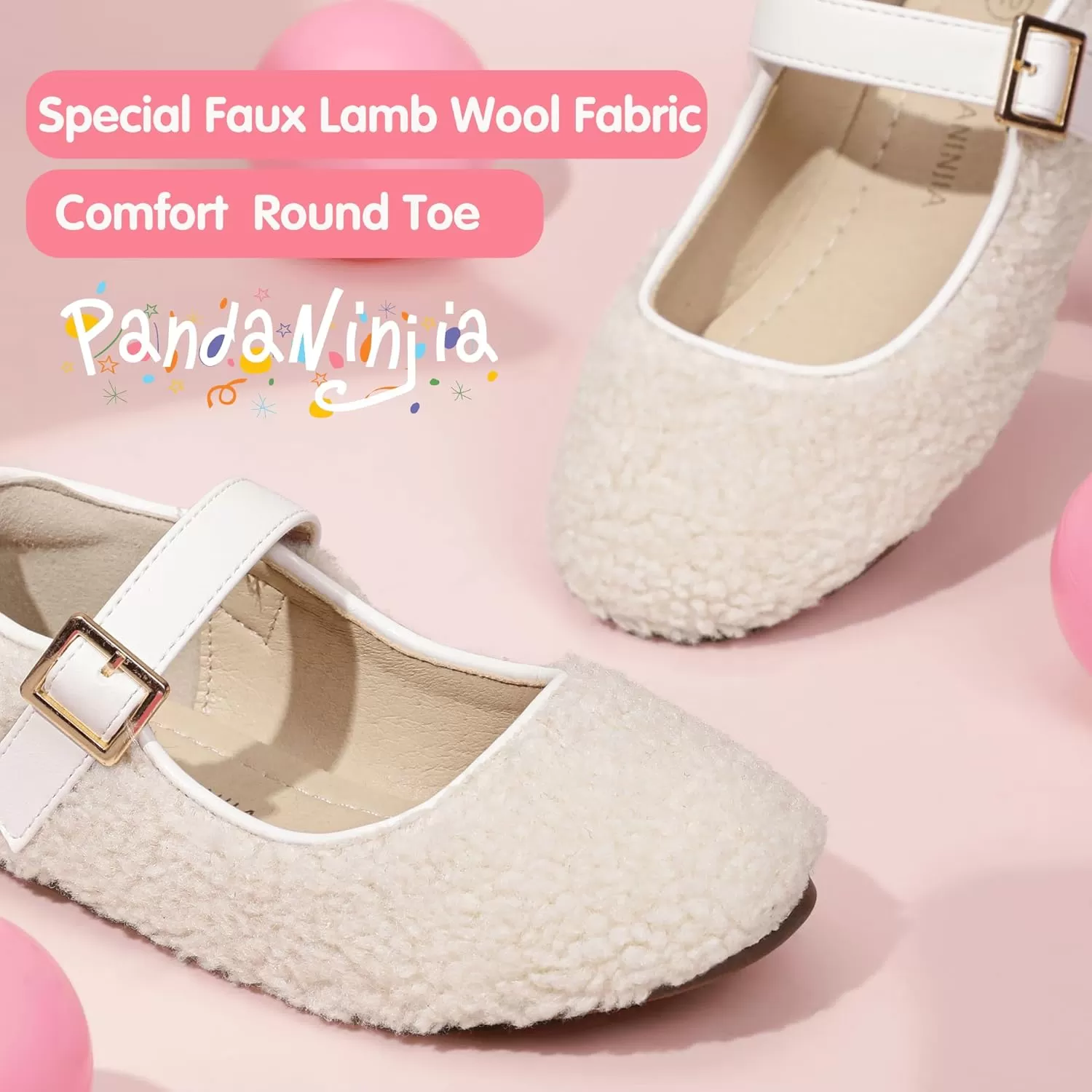imagePANDANINJIA Girls Dress Shoes Ballet Flats Faux Fur School Wedding Party Toddler Little Big Kid Girls Mary Jane ShoesCreamwhite