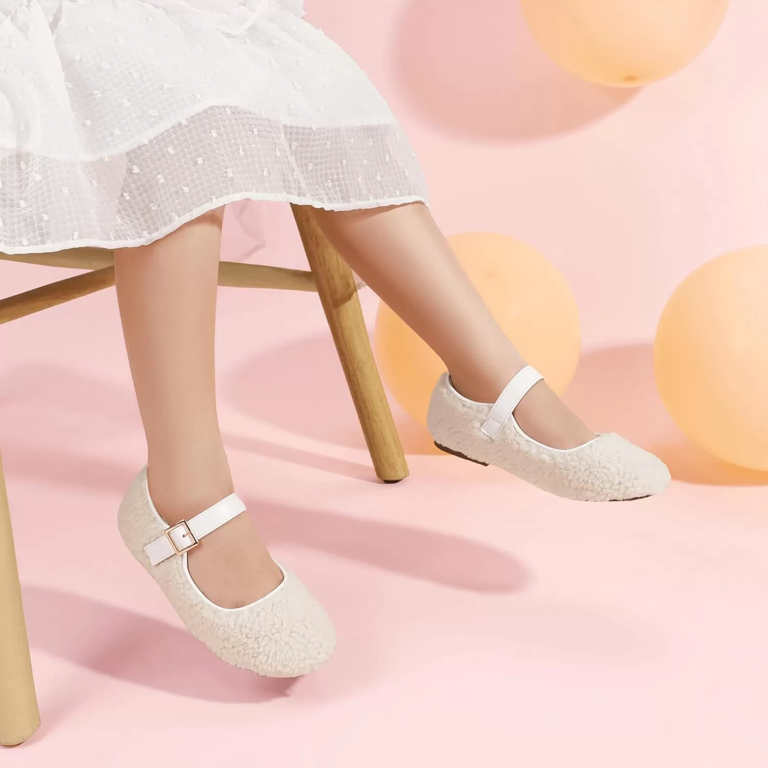 imagePANDANINJIA Girls Dress Shoes Ballet Flats Faux Fur School Wedding Party Toddler Little Big Kid Girls Mary Jane ShoesCreamwhite