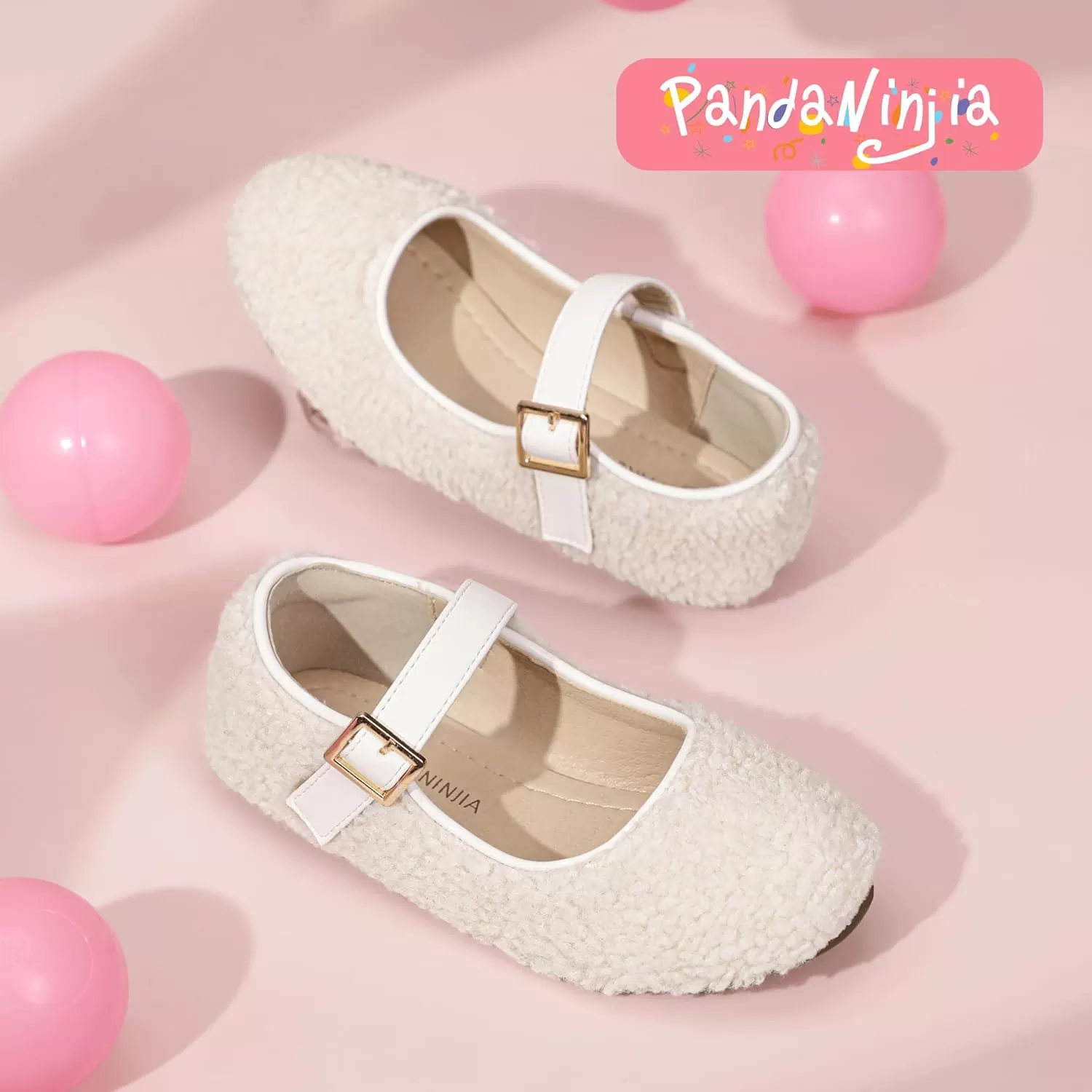 imagePANDANINJIA Girls Dress Shoes Ballet Flats Faux Fur School Wedding Party Toddler Little Big Kid Girls Mary Jane ShoesCreamwhite