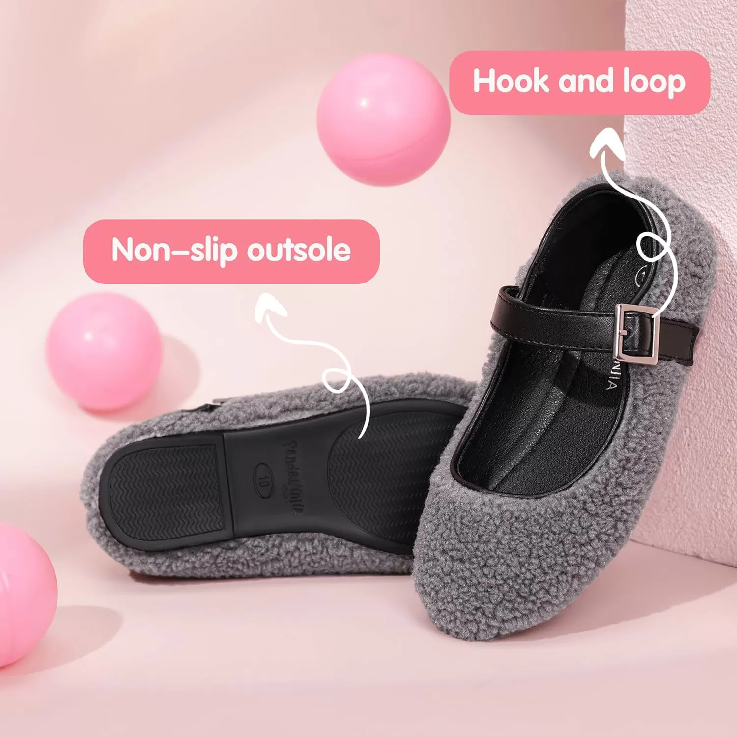 imagePANDANINJIA Girls Dress Shoes Ballet Flats Faux Fur School Wedding Party Toddler Little Big Kid Girls Mary Jane ShoesGrey